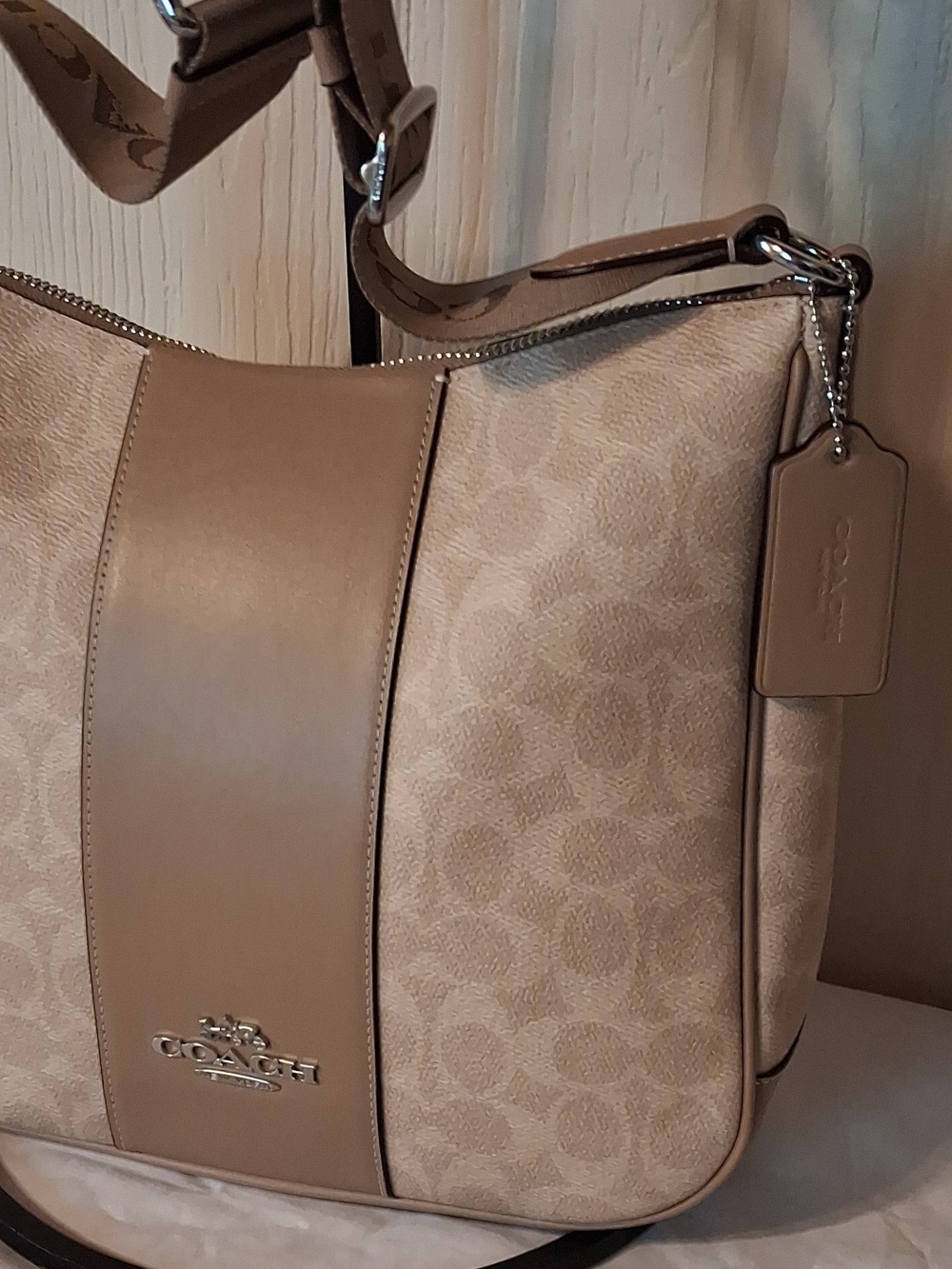 Coach Signature Ellie File Canvas and Leather Shoulder Bag in Khaki - Picture 2 of 14